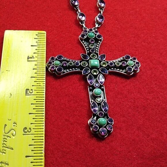 Vintage Faceted Amethyst Garnet Peridot Sterling Silver Cross/Chain & Turquoise - Picture 9 of 12